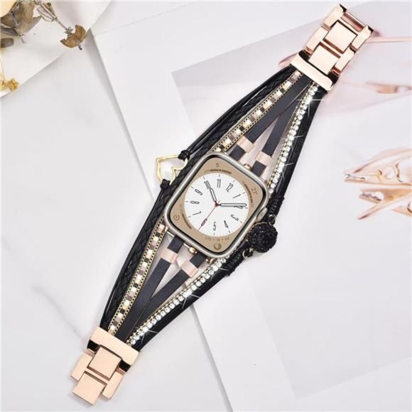NEW Black/Gold Boho Beaded Leather Apple Watch Band